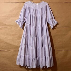 Merlette | Paradis Dress Tiered Midi Dress Puff Sleeve Popover Lavender Size M